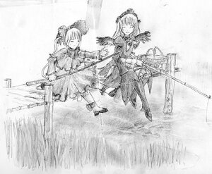 Rating: Safe Score: 0 Tags: 2girls auto_tagged bonnet boots closed_eyes dress frills greyscale hairband image long_hair long_sleeves monochrome multiple_girls pair shinku standing suigintou thigh_boots weapon wings User: admin