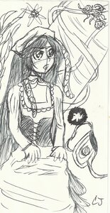 Rating: Safe Score: 0 Tags: 1girl hat image long_hair long_sleeves looking_at_viewer monochrome solo suiseiseki very_long_hair User: admin