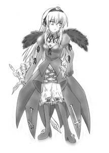 Rating: Safe Score: 0 Tags: 1girl boots dress frills full_body greyscale hairband holding image long_hair long_sleeves monochrome ribbon solo standing suigintou thigh_boots weapon wings User: admin