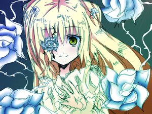 Rating: Safe Score: 0 Tags: 1girl animal_ears blonde_hair closed_mouth eyebrows_visible_through_hair flower green_eyes image kirakishou long_hair looking_at_viewer smile solo User: admin