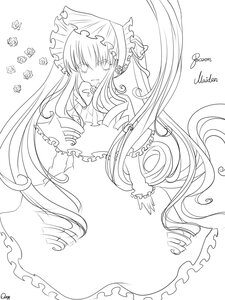 Rating: Safe Score: 0 Tags: 1girl artist_name bow dated dress flower frills greyscale hat image lineart long_hair long_sleeves looking_at_viewer monochrome shinku signature solo striped very_long_hair white_background User: admin