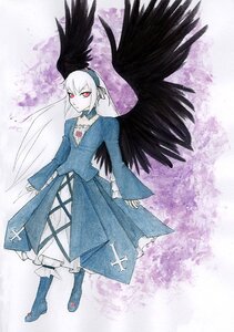 Rating: Safe Score: 0 Tags: 1girl black_wings boots dress feathered_wings feathers frills full_body hairband image long_hair long_sleeves looking_at_viewer red_eyes solo suigintou wings User: admin