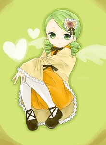 Rating: Safe Score: 0 Tags: 1girl dress drill_hair full_body green_background green_eyes green_hair hair_ornament heart image kanaria long_sleeves pantyhose smile solo twin_drills User: admin