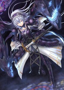 Rating: Safe Score: 0 Tags: 1girl armor blue_eyes breasts commentary_request dress flower gloves hairband image long_hair purple_eyes rozen_maiden sabamu sheath silver_hair skeleton solo suigintou sword unsheathing weapon User: admin