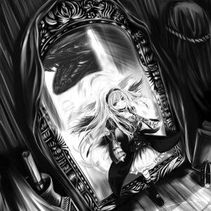 Rating: Safe Score: 0 Tags: 1girl absurdres bad_id bad_pixiv_id boots choker doll_joints dragon dress dutch_angle gothic_lolita greyscale hairband highres image joints knee_boots lolita_fashion long_hair mirror monochrome rozen_maiden solo striped striped_legwear suigin_(rumina01) suigintou wings User: admin