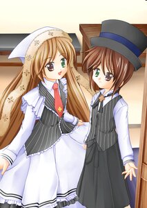 Rating: Safe Score: 0 Tags: 2girls :d brown_hair dress green_eyes hat head_scarf heterochromia image long_hair long_sleeves looking_at_viewer multiple_girls necktie open_mouth pair pinstripe_pattern red_eyes short_hair siblings sisters smile souseiseki striped suiseiseki top_hat twins vertical_stripes User: admin