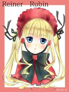 Rating: Safe Score: 0 Tags: 1girl bangs blonde_hair blue_eyes blush bonnet bow bowtie capelet drill_hair flower green_bow image long_hair looking_at_viewer red_capelet rose shinku sidelocks simple_background solo twintails upper_body white_background User: admin