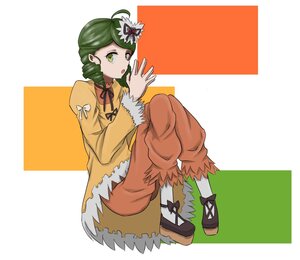 Rating: Safe Score: 0 Tags: 1girl ahoge dress drill_hair full_body fur_trim green_eyes green_hair hair_ornament image kanaria long_sleeves looking_at_viewer open_mouth ribbon short_hair sitting solo striped twin_drills User: admin