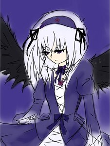 Rating: Safe Score: 0 Tags: 1girl black_wings dress expressionless feathered_wings flower hairband image long_hair long_sleeves puffy_sleeves purple_background ribbon rose silver_hair solo suigintou wings User: admin