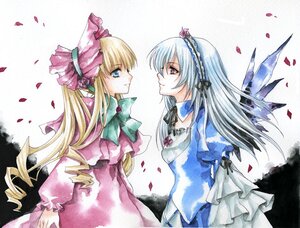 Rating: Safe Score: 0 Tags: 2girls blonde_hair blue_eyes bonnet bow commentary_request dress drill_hair eye_contact fragran0live frills hairband image long_hair long_sleeves looking_at_another multiple_girls painting_(medium) pair petals pink_eyes profile red_eyes rose_petals rozen_maiden shinku silver_hair suigintou traditional_media twintails very_long_hair watercolor_(medium) wings User: admin