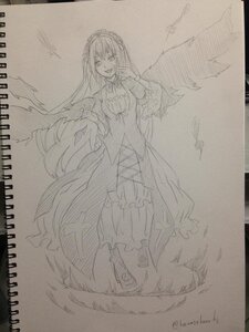 Rating: Safe Score: 0 Tags: 1girl dress flower image long_hair long_sleeves looking_at_viewer monochrome solo suigintou traditional_media very_long_hair wings User: admin