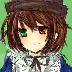 Rating: Safe Score: 0 Tags: 1girl bow bowtie brown_hair closed_mouth face green_background green_eyes hat image looking_at_viewer red_eyes short_hair simple_background sketch solo souseiseki User: admin