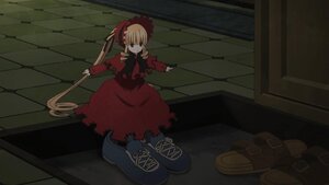 Rating: Safe Score: 0 Tags: 1girl blonde_hair bow checkered dress image long_sleeves red_dress shinku solo User: admin