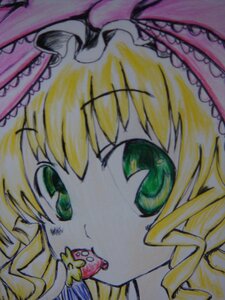 Rating: Safe Score: 0 Tags: 1girl blonde_hair candy close-up face food frills green_eyes hat hinaichigo image looking_at_viewer open_mouth solo User: admin