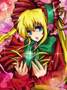 Rating: Safe Score: 0 Tags: 1girl blonde_hair blue_eyes bonnet bow capelet dress flower green_bow image long_hair long_sleeves looking_at_viewer pink_background pink_flower pink_rose red_capelet red_dress rose shinku solo twintails User: admin