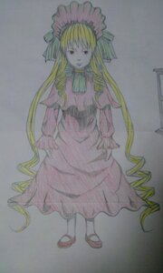 Rating: Safe Score: 0 Tags: 1girl blonde_hair bonnet dress drill_hair full_body grey_background image long_hair long_sleeves looking_at_viewer photo pink_dress shinku simple_background solo standing traditional_media twin_drills very_long_hair User: admin