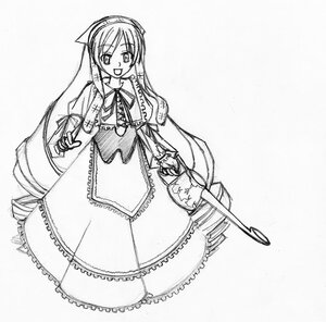 Rating: Safe Score: 0 Tags: 1girl :d blush dress drill_hair frills full_body greyscale image long_hair long_sleeves looking_at_viewer monochrome open_mouth ribbon simple_background smile solo standing suiseiseki twin_drills very_long_hair white_background User: admin