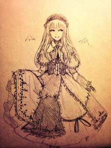 Rating: Safe Score: 0 Tags: 1girl dress frills full_body image long_hair long_sleeves looking_at_viewer monochrome solo standing suigintou traditional_media User: admin