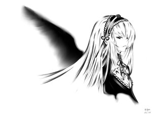 Rating: Safe Score: 0 Tags: 1girl bangs closed_mouth dress feathers greyscale hairband image long_hair long_sleeves looking_at_viewer monochrome ribbon simple_background solo suigintou upper_body white_background wings User: admin