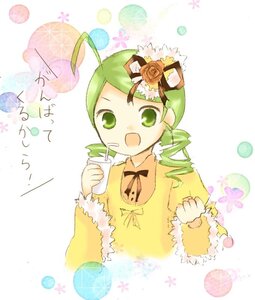 Rating: Safe Score: 0 Tags: 1girl :d ahoge cup drill_hair flower green_eyes green_hair holding holding_cup image kanaria long_sleeves looking_at_viewer open_mouth smile solo twin_drills upper_body yellow_dress User: admin