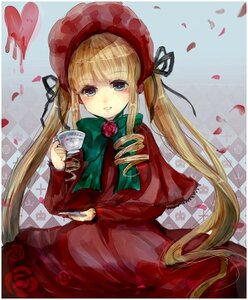 Rating: Safe Score: 0 Tags: 1girl argyle_background blonde_hair blue_eyes bonnet bow bowtie checkered checkered_background checkered_floor cup dress flower green_bow hat holding_cup image long_hair long_sleeves looking_at_viewer petals pink_flower pink_rose red_dress red_flower red_rose rose rose_petals shinku solo tea teacup twintails very_long_hair User: admin
