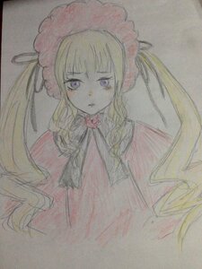 Rating: Safe Score: 0 Tags: 1girl bangs blonde_hair bonnet closed_mouth dress flower image long_hair looking_at_viewer red_dress rose shinku simple_background solo traditional_media twintails upper_body User: admin