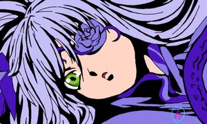 Rating: Safe Score: 0 Tags: 1girl bangs barasuishou flower green_eyes image long_hair purple_flower purple_hair rose simple_background solo User: admin