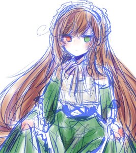 Rating: Safe Score: 0 Tags: 1girl bangs brown_hair dress frills green_eyes heterochromia image long_hair long_sleeves red_eyes ribbon simple_background sketch solo suiseiseki very_long_hair white_background User: admin