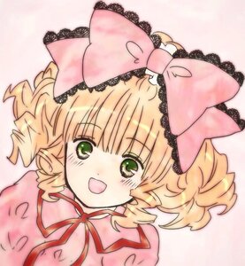 Rating: Safe Score: 0 Tags: 1girl blonde_hair blush bow dress green_eyes hair_bow hina_ichigo hinaichigo image looking_at_viewer open_mouth pink_background pink_bow pink_dress ribbon short_hair smile solo upper_body User: admin