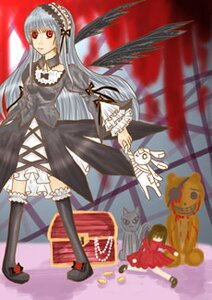 Rating: Safe Score: 0 Tags: 1girl boots dress frilled_sleeves frills hairband image knee_boots long_hair long_sleeves red_eyes silver_hair solo standing suigintou very_long_hair wings User: admin