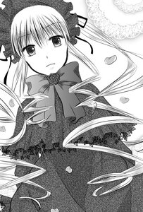 Rating: Safe Score: 0 Tags: 1girl bow bowtie capelet dress greyscale image long_hair long_sleeves looking_at_viewer monochrome petals ribbon shinku solo twintails User: admin