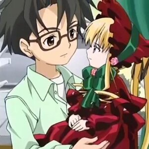 Rating: Safe Score: 0 Tags: 1boy 1girl black_hair blonde_hair blurry blurry_foreground bonnet bow cup depth_of_field dress glasses image long_sleeves looking_at_another red_dress shinku shirt solo User: admin