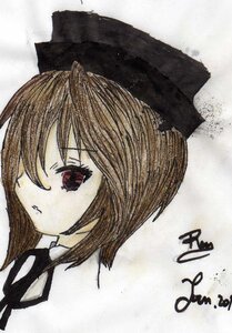 Rating: Safe Score: 0 Tags: 1girl black_headwear brown_hair hat image looking_at_viewer portrait red_eyes ribbon short_hair solo souseiseki traditional_media white_shirt User: admin