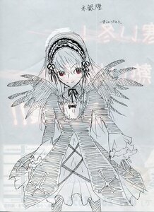 Rating: Safe Score: 0 Tags: 1girl bangs closed_mouth cowboy_shot dress eyebrows_visible_through_hair frills hairband image long_sleeves looking_at_viewer monochrome neck_ribbon red_eyes ribbon solo standing suigintou wings User: admin