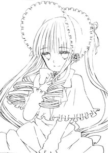 Rating: Safe Score: 0 Tags: 1girl bangs bonnet bow dress drill_hair flower frills greyscale image long_hair long_sleeves looking_at_viewer monochrome shinku simple_background smile solo upper_body very_long_hair white_background User: admin