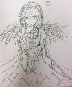 Rating: Safe Score: 0 Tags: 1girl blush dress frills greyscale hairband image long_hair long_sleeves looking_at_viewer monochrome smile solo suigintou traditional_media wings User: admin