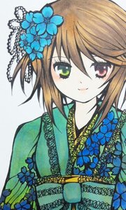 Rating: Safe Score: 0 Tags: 1girl auto_tagged blue_flower brown_hair flower green_eyes hair_flower hair_ornament heterochromia image japanese_clothes kimono looking_at_viewer m1umr obi sash short_hair simple_background smile solo souseiseki upper_body white_background User: admin