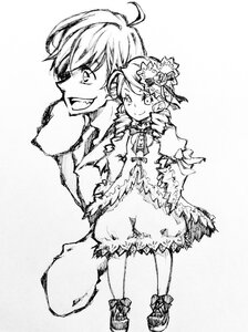 Rating: Safe Score: 0 Tags: 1boy 1girl ahoge dress flower frills greyscale image kanaria monochrome short_hair smile solo top_hat User: admin