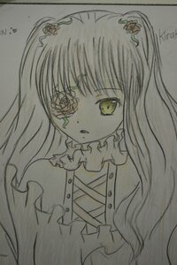 Rating: Safe Score: 0 Tags: 1girl bangs dress eyepatch flower frills hair_ornament image kirakishou long_hair looking_at_viewer marker_(medium) parted_lips photo rose simple_background solo spot_color traditional_media upper_body yellow_eyes User: admin