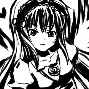 Rating: Safe Score: 0 Tags: 1girl auto_tagged bare_shoulders blush dress gloves greyscale hair_ornament hairband image long_hair looking_at_viewer monochrome simple_background smile solo suigintou white_background User: admin