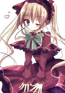 Rating: Safe Score: 0 Tags: 1girl blonde_hair blue_eyes blush bow bowtie capelet dress flower green_bow green_neckwear heart image long_hair long_sleeves looking_at_viewer one_eye_closed rose shinku simple_background solo twintails white_background User: admin