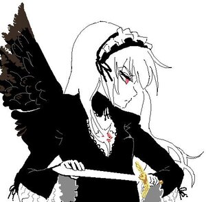 Rating: Safe Score: 0 Tags: 1girl bangs closed_mouth dress flower frills hairband image long_hair long_sleeves monochrome simple_background solo suigintou upper_body white_background wings User: admin