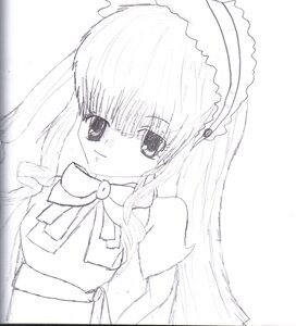 Rating: Safe Score: 0 Tags: 1girl bangs bow bowtie dress eyebrows_visible_through_hair greyscale image long_hair looking_at_viewer monochrome ribbon shinku simple_background solo upper_body User: admin