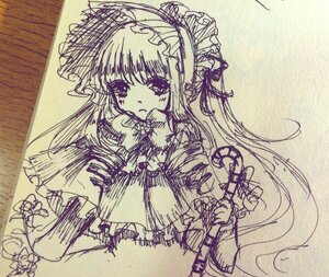 Rating: Safe Score: 0 Tags: 1girl blush bonnet dress frills graphite_(medium) image long_hair long_sleeves monochrome photo shinku sketch solo traditional_media very_long_hair User: admin