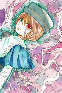 Rating: Safe Score: 0 Tags: 1girl capelet hat heterochromia image lightning long_sleeves looking_at_viewer red_eyes short_hair solo souseiseki traditional_media watercolor_(medium) User: admin