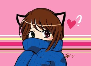Rating: Safe Score: 0 Tags: 1girl animal_ears bangs blue_sweater blush brown_hair cat_ears covered_mouth heart heterochromia image long_sleeves looking_at_viewer pink_background solo souseiseki sweater turtleneck upper_body User: admin
