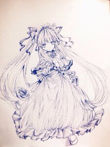 Rating: Safe Score: 0 Tags: 1girl dress flower full_body image long_hair long_sleeves looking_at_viewer monochrome ribbon rose shinku solo standing traditional_media very_long_hair User: admin