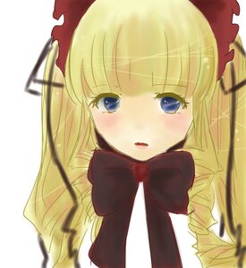 Rating: Safe Score: 0 Tags: 1girl blonde_hair blue_eyes blurry blush bow bowtie depth_of_field dress drill_hair image long_hair looking_at_viewer shinku simple_background solo white_background User: admin