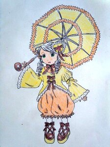 Rating: Safe Score: 0 Tags: 1girl blush dress drill_hair frills full_body green_eyes holding_umbrella image kanaria long_sleeves parasol solo standing twin_drills umbrella wide_sleeves yellow_dress User: admin