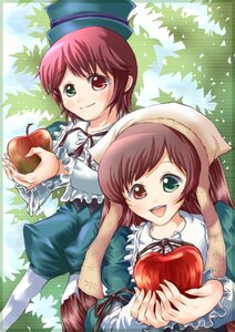 Rating: Safe Score: 0 Tags: 2girls apple brown_hair dress food green_eyes hat head_scarf heterochromia holding holding_food holding_fruit image long_hair long_sleeves multiple_girls open_mouth pair pantyhose red_eyes short_hair siblings sisters smile souseiseki suiseiseki twins User: admin